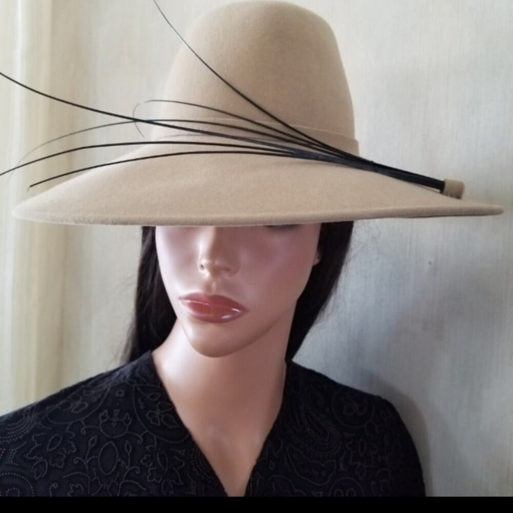 Upper Class Hats by Blima Camel Wide Brim Designer Hat Long Feather Accent